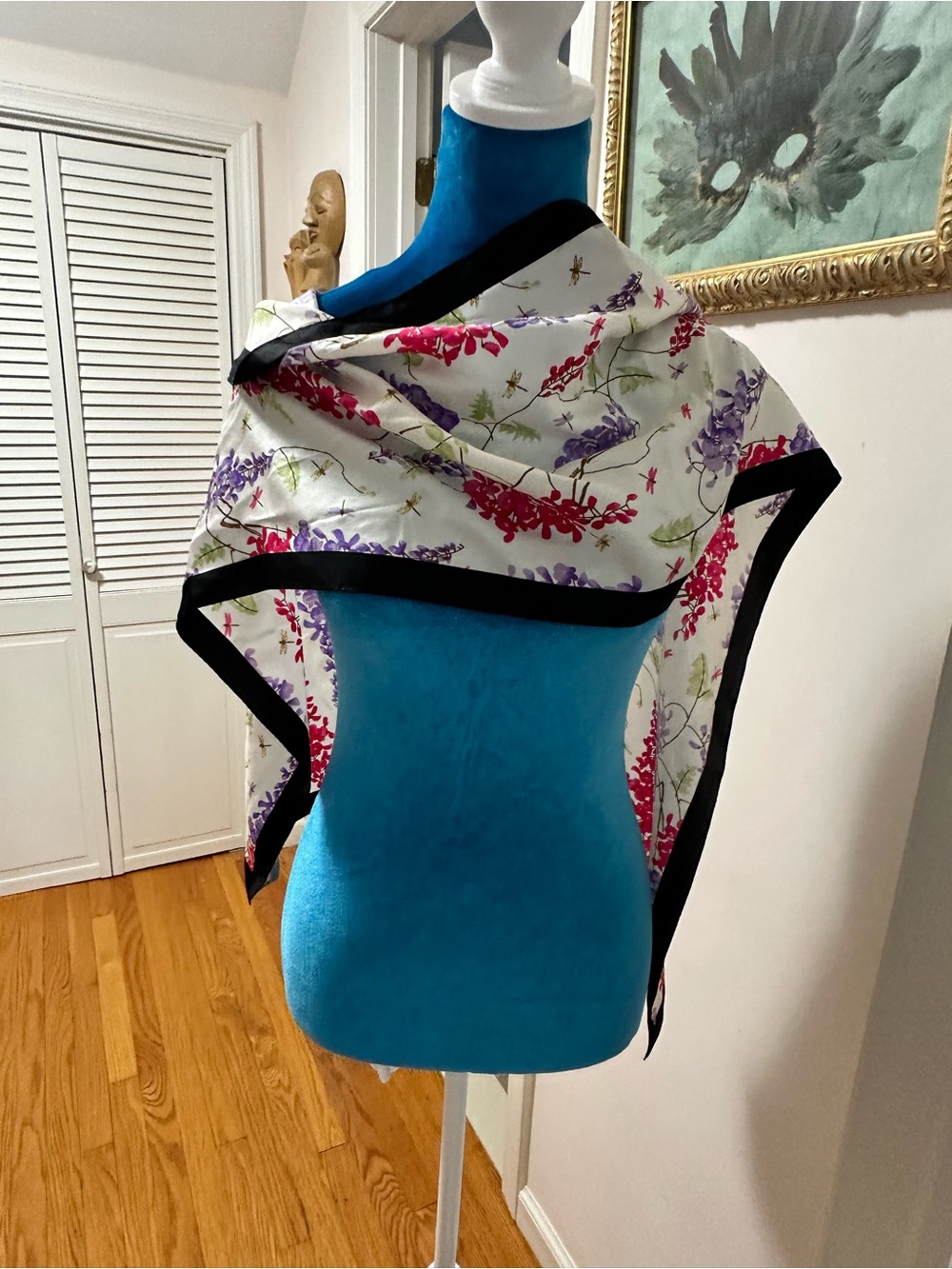 Talbots silk Floral Print Satin Scarf with Black Trim - White/Purple/Pink